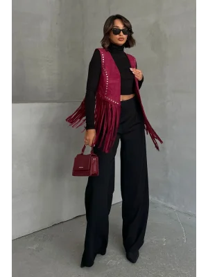 Kadın Püsküllü Bordo Süet Yelek