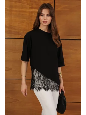 Kadın Dantel Detaylı Siyah Asimetrik Tişört
