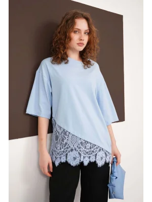 Kadın Dantel Detaylı Bebe Mavi Asimetrik Tişört