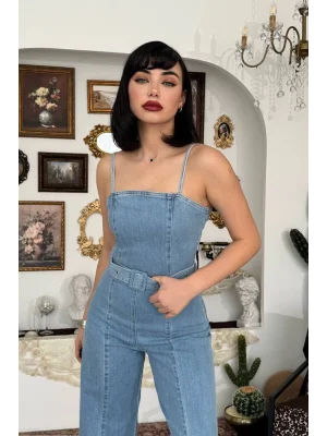 Kadın Mavi Yüksek Bel Geniş Paça Açık Mavi Jean Tulum