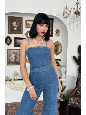 Kadın Mavi Yüksek Bel Geniş Paça Koyu Mavi Jean Tulum