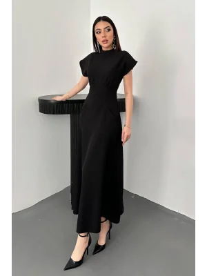 Kadın Göğüs Büzgülü Siyah Uzun Elbise
