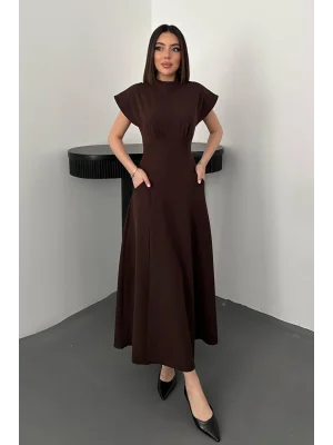Kadın Göğüs Büzgülü Kahverengi Uzun Elbise