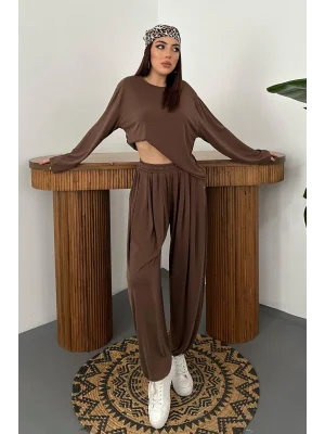 Kadın Şalvarlı Modal Alt Üst Kahverengi Takım
