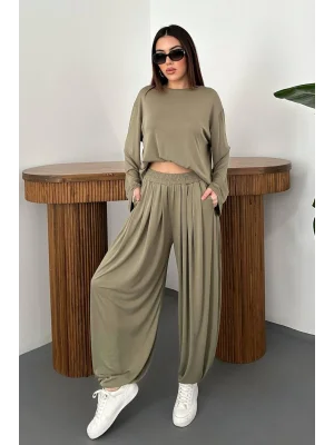 Kadın Şalvarlı Modal Alt Üst Haki Takım
