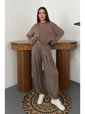 Kadın Şalvarlı Modal Alt Üst Camel Takım