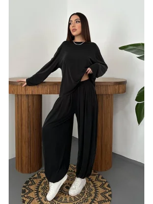 Kadın Şalvarlı Modal Alt Üst Siyah Takım
