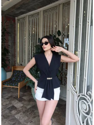 Kadın Linda Kumaş Aksesuarlı Siyah Kruvaze Bluz