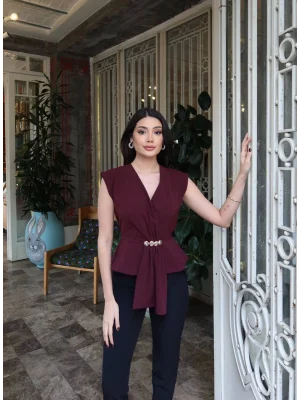 Kadın Linda Kumaş Aksesuarlı Mürdüm Kruvaze Bluz