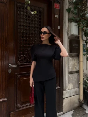 Kadın Balon Kol Palazzo Siyah İkili Takım