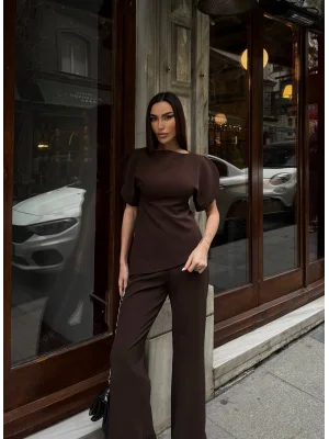 Kadın Balon Kol Palazzo Kahve İkili Takım