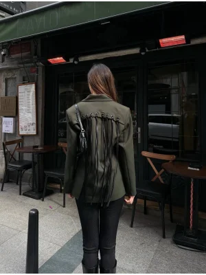 Kadın Sırtı Kuşgözü Bağlama Detaylı Haki Blazer Ceket