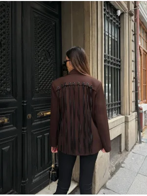Kadın Sırtı Kuşgözü Bağlama Detaylı Kahverengi Blazer Ceket