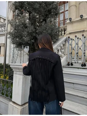 Kadın Sırtı Kuşgözü Bağlama Detaylı Haki Blazer Ceket