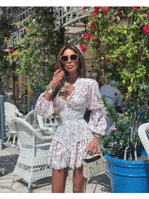 Çiçek Desenli Korse Detaylı Volanlı Beyaz Mini Elbise