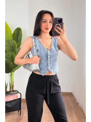 Kadın V Yaka Buz Mavi Denim Yelek