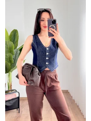 Kadın V Yaka Koyu Mavi Denim Yelek