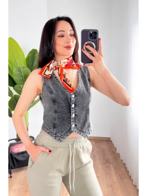 Kadın V Yaka Antrasit Denim Yelek