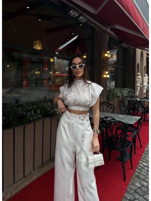 Kadın Vatkalı Crop Bluz Bol Paça Pantolon Takım