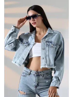Buz Mavi Lazerli Kot Ceket