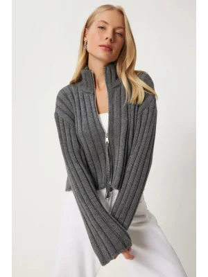 Kadın Antrasit Dik Yaka Fermuarlı Triko Hırka