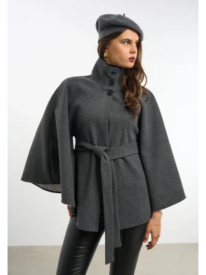 Kadın Antrasit Kaşe Kumaş Düğmeli Kuşaklı Pelerin Panço