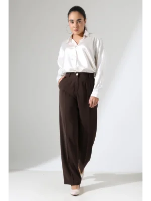 Kadın Arkası Lastikli Yüksek Bel Kahve Palazzo Pantolon