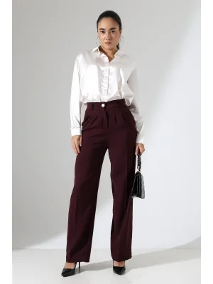 Kadın Arkası Lastikli Yüksek Bel Mürdüm Palazzo Pantolon