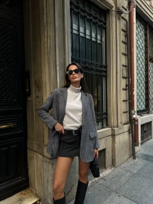 Kadın Balık Sırtı Dirsek Detaylı Tek Düğme Kruvaze Blazer Ceket