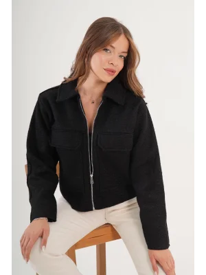 Kadın Buklet Desenli Siyah Kaşe Ceket