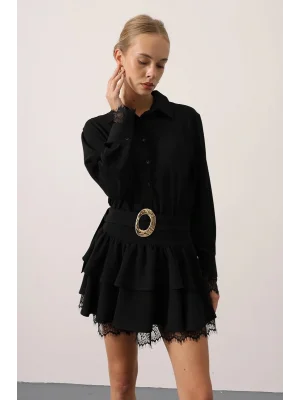 Kadın Dantel Detaylı Gold Düğmeli Elbise