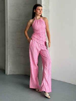 Kadın Halter Yaka Bürümcük Kumaş Pembe İkili Takım