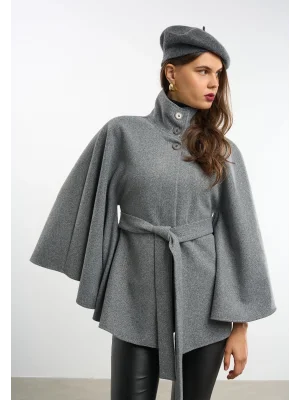 Kadın Gri Kaşe Kumaş Düğmeli Kuşaklı Pelerin Panço