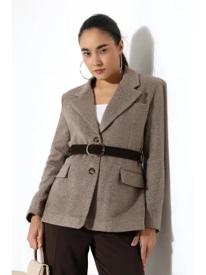 Kadın Kemerli Kaşe Blazer Ceket