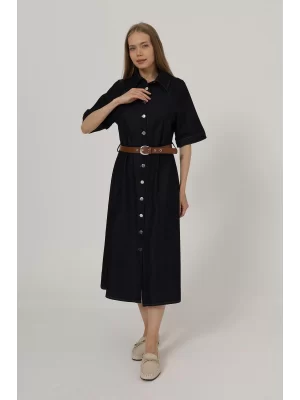 Kadın Kısa Kol Düğmeli Denim Elbise