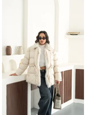 Kadın Kürk Detaylı Oversize Şişme Mont