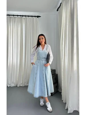 Kadın Midi Boy Bantlı Buz Mavi Kot Elbise