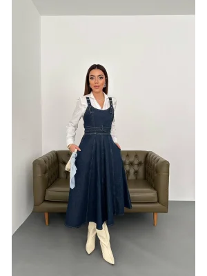 Kadın Midi Boy Bantlı Koyu Mavi Kot Elbise