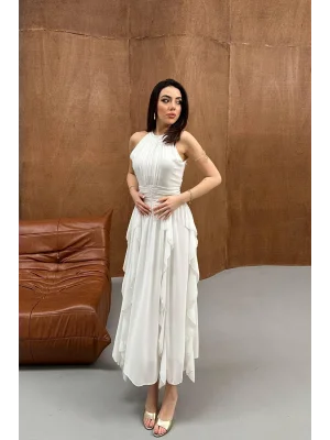 Kadın Önü Büzgülü Fırfırlı Beyaz Uzun Elbise