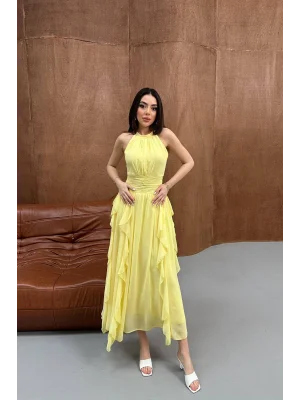 Kadın Önü Büzgülü Fırfırlı Sarı Uzun Elbise