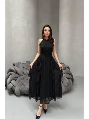 Kadın Önü Büzgülü Fırfırlı Siyah Uzun Elbise