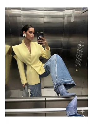 Kadın Pencere Detaylı Uzun Kollu Şık Sarı Blazer Ceket