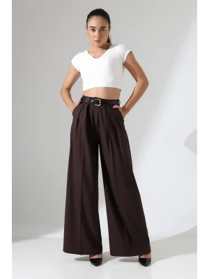 Kadın Pileli Kemerli Kahve Palazzo Pantolon