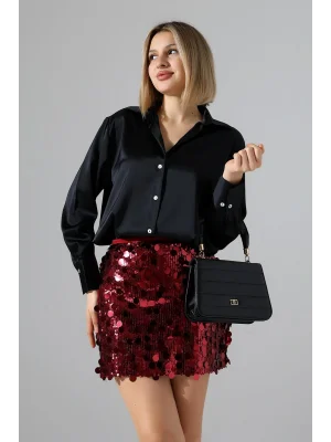 Kadın Pul Payet Şortlu Bordo Mini Etek