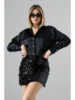 Kadın Pul Payet Şortlu Siyah Mini Etek