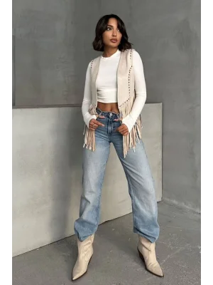 Kadın Püsküllü Bej Süet Yelek