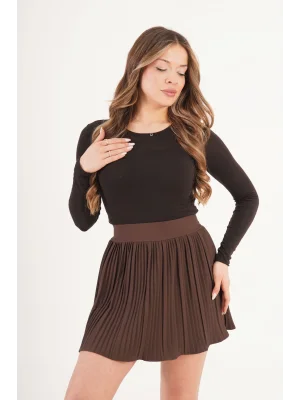 Kadın Şortlu Beli Lastikli Pileli Kahve Mini Etek
