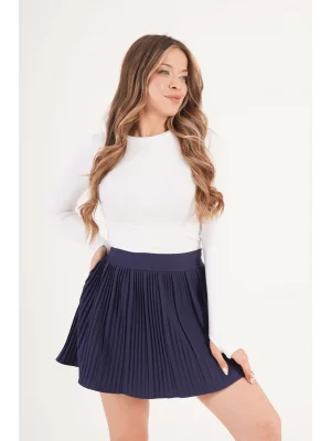 Kadın Şortlu Beli Lastikli Pileli Lacivert Mini Etek
