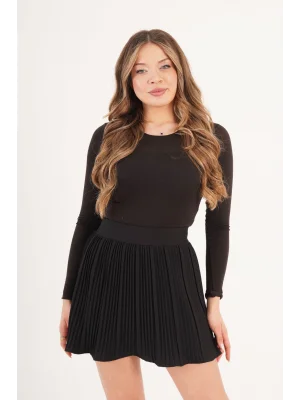 Kadın Şortlu Beli Lastikli Pileli Siyah Mini Etek