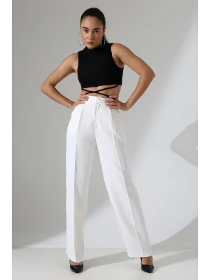 Kadın Yüksek Bel Pileli Beyaz Palazzo Pantolon